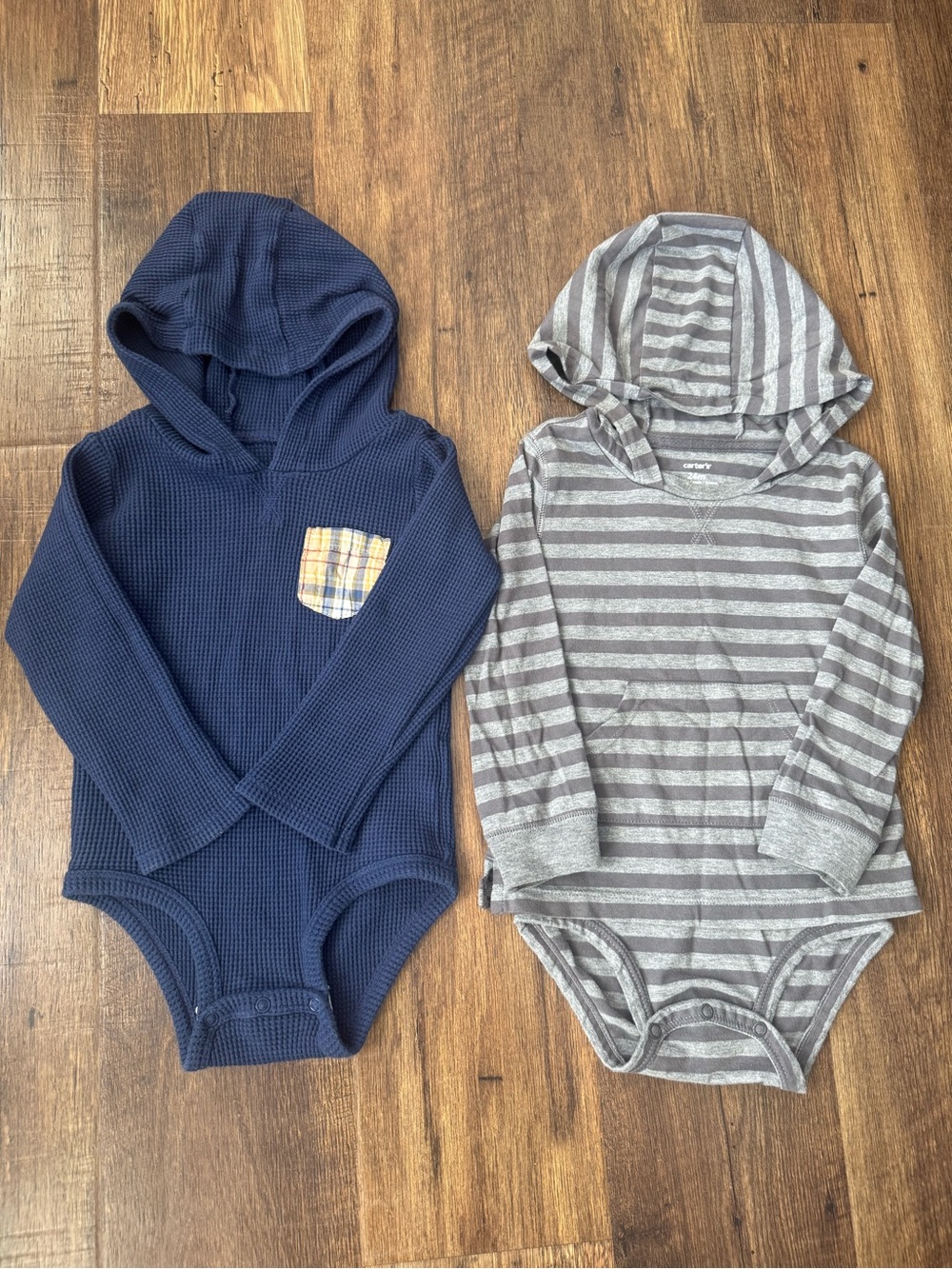 Carter's Navy & Gray Striped Hooded Boy Onesies, Size 24M